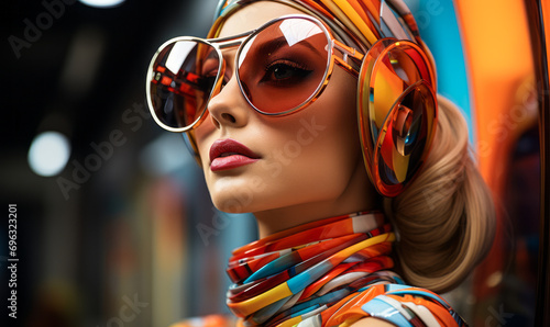 Futuristic cyber woman with vibrant abstract patterns, modernistic accessories and eyewear, concept of future fashion and technology