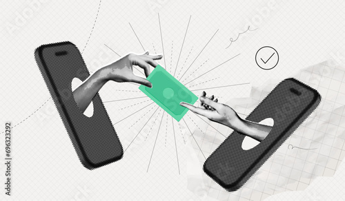 Trendy Halftone Online Payments Collage. Hands from mobile phone holds money. Metaphor composition. Financial transactions and investments. Currency exchange. Contemporary vector illustration art