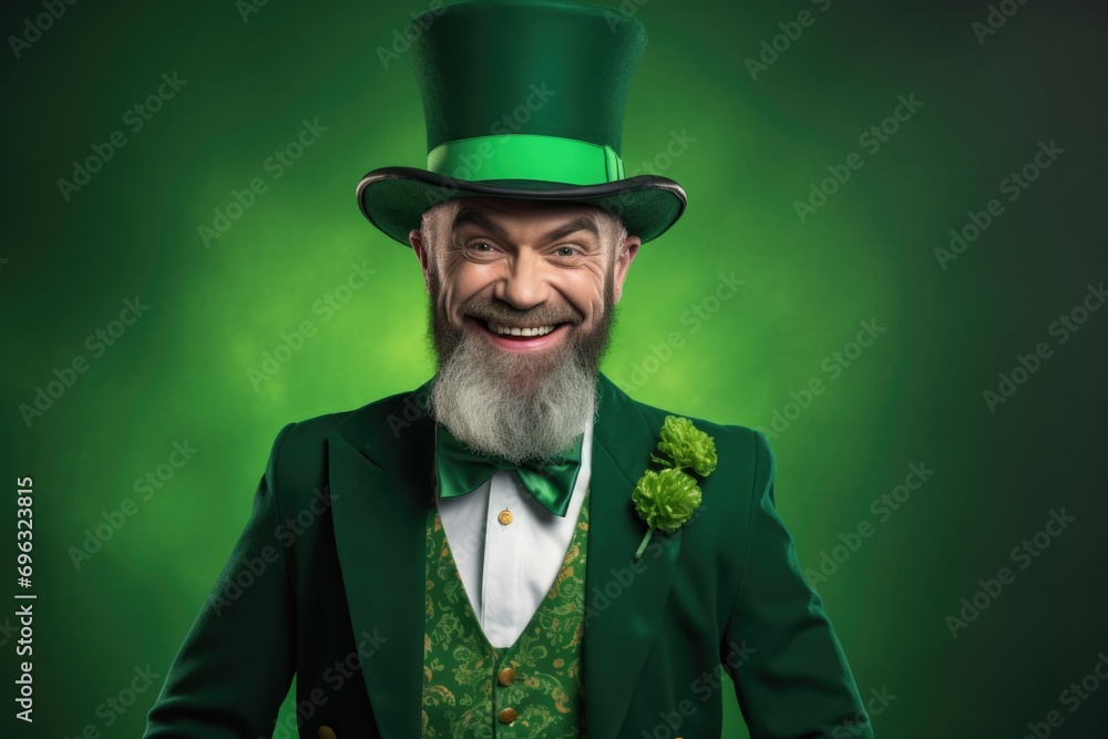 Man with beard in green costume at St Patrick day on background Man with beard in green costume at St Patrick day on background