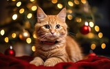 A cute cat sitting in front of a decorated Christmas tree in a bright and festive holiday-themed background