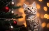 A festive cat standing beside a decorated Christmas tree, against a bright and festive holiday-themed background