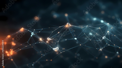 A network with interconnected nodes and lines. The nodes glow with different intensities. And the lines connecting them together create a mesh network connection.