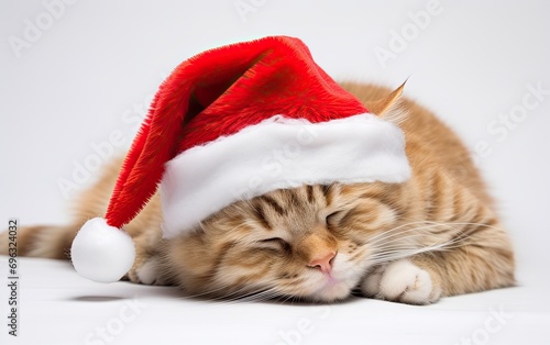 Cat wearing a Santa hat and sleeping against a simple white background © AZ Studio