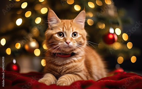 A cute cat sitting in front of a decorated Christmas tree in a bright and festive holiday-themed background