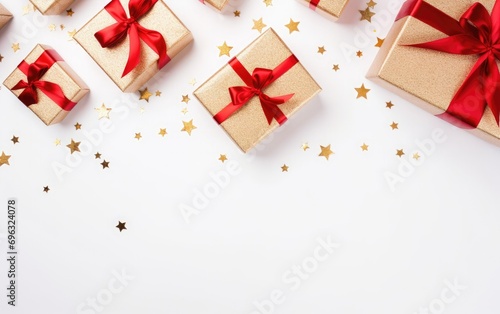 Flat lay festive Christmas background with wrapped gifts, and stars