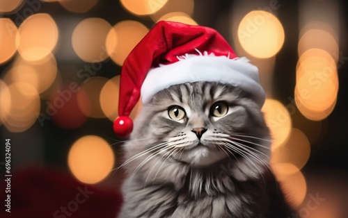 Cat wearing a Santa hat against a bright and festive holiday-themed background