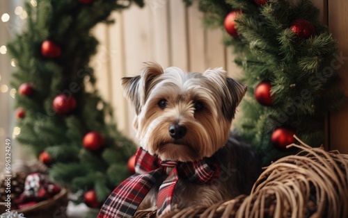 An adorable and festive composition featuring a cute dog standing in front of a Christmas wreath against a modern and vibrant background, during the evening