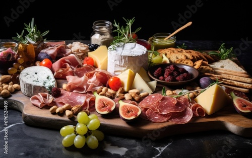 A appealing grazing board with an assortment of gourmet cheeses, meats, and fresh produce, arranged on a chic serving tray