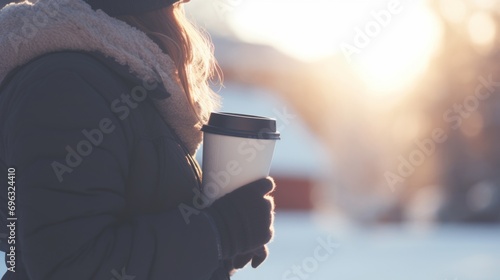 Woman in winter jacket holding paper cup of coffee on a street in cold morning light photo