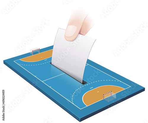 A hand drops a ballot into a slot in the middle of a blue 3d handball court (cut out)
