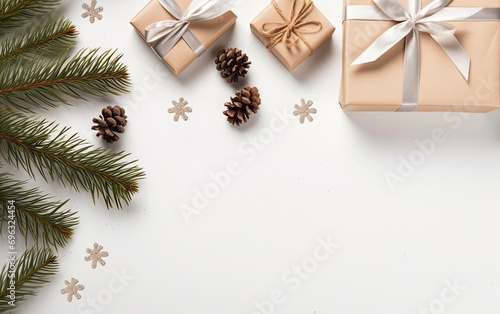Flat lay Christmas background with wrapped gifts, pine cones, and spruce
