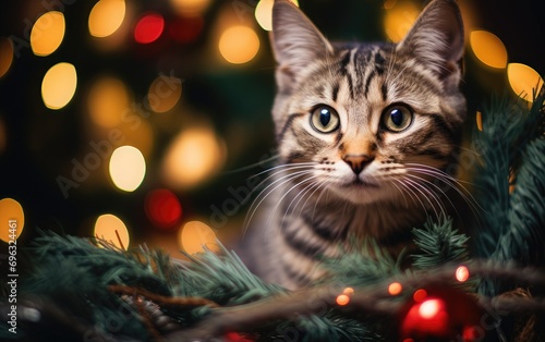 Cute cat adorned with Christmas decorations and garlands on a festive background