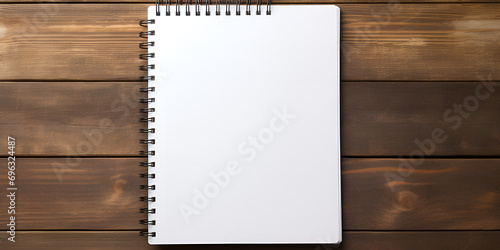 blank notebook on wood background,Wooden notepad. clear white page,Blank note book on wood background,Top view of spiral notebok with pencil on wooden table. Emtry page for text. Generative Ai.  photo