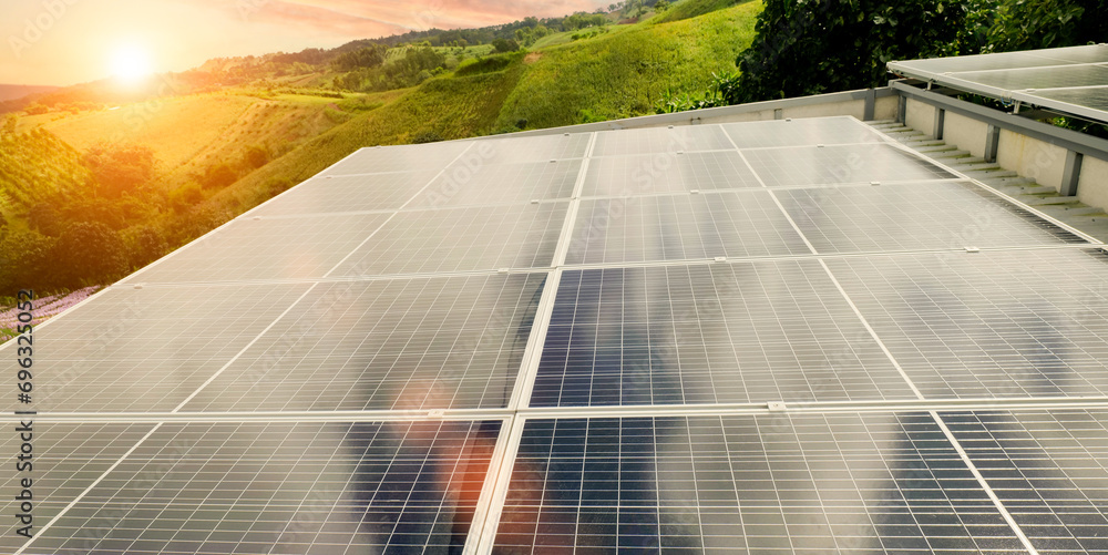 Solar Module Rework Idea Solar panel against sunset sky background. Photovoltaic, alternative ...
