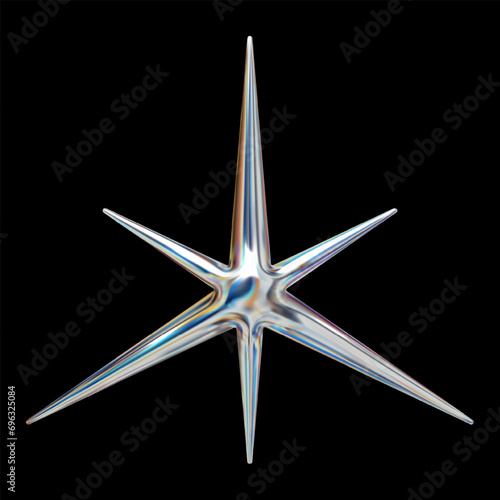 3D chrome holographic glossy metallic star, Y2K vector isolated abstract shape, trendy figure element for futuristic design