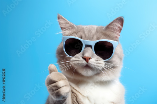 Playful cat donning sunglasses and giving a thumbs up, capturing a blend of humor and style in one charming image.