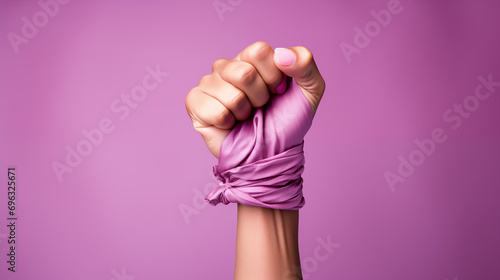 Cropped image of female hand in pink scarf isolated on purple background
