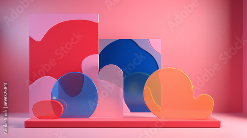 Product mockup display background with abstract plastic or glass shapes. Modern product mockup in retro futuristic style with pink, orange and blue color acrylic glass background for perfume