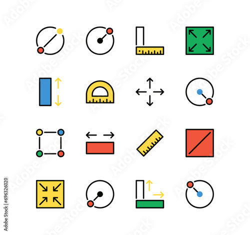 Set of measure related icons, resize, radius, depth, area, diameter and linear variety vectors.
