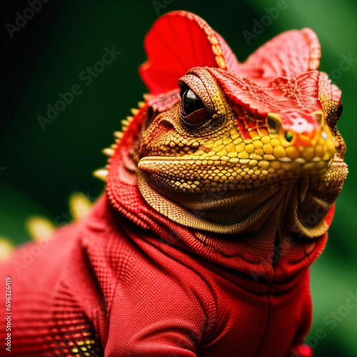 Ilustración de un lagarto verde y rojo con traje.