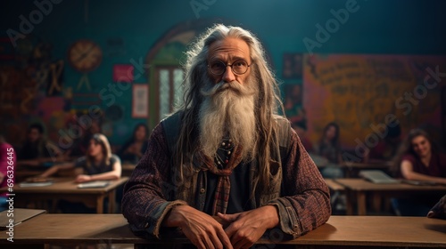 Portrait of Alternative Hippie senior teacher in front of classroom