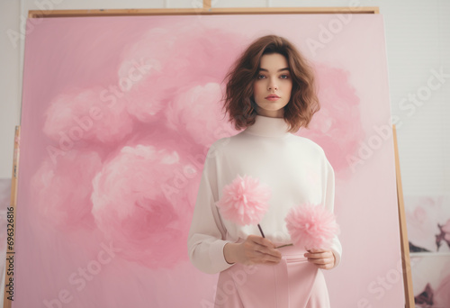 Wallpaper Mural Creative pastel pink concept of a young artist presenting her masterpiece on canvas. Generative AI. Torontodigital.ca