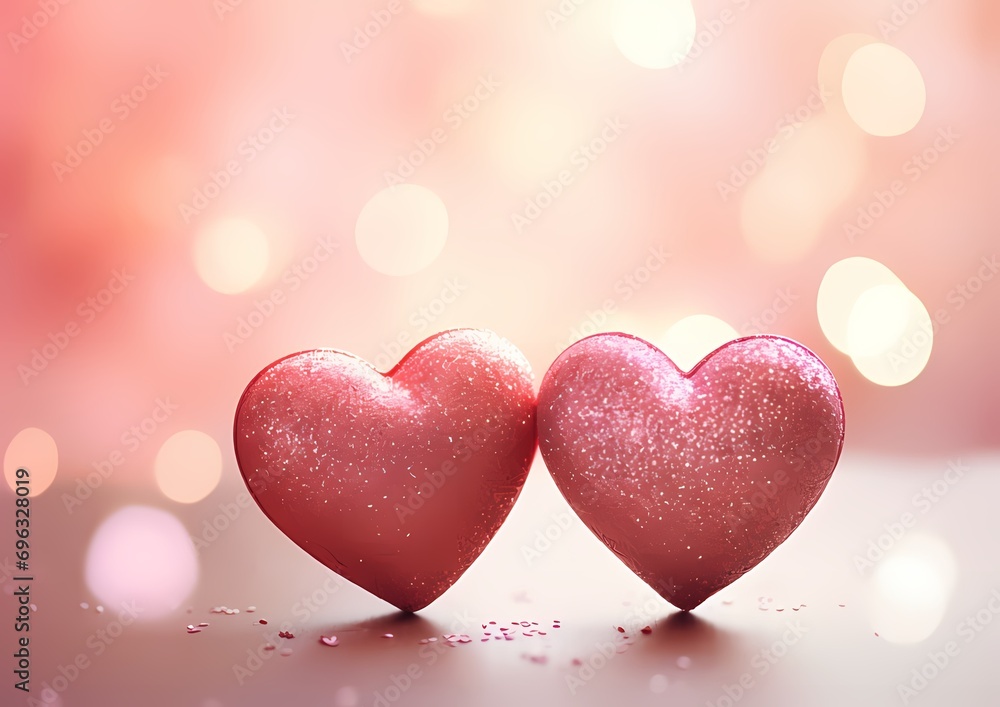 Glittering pink valentine background with two hearts