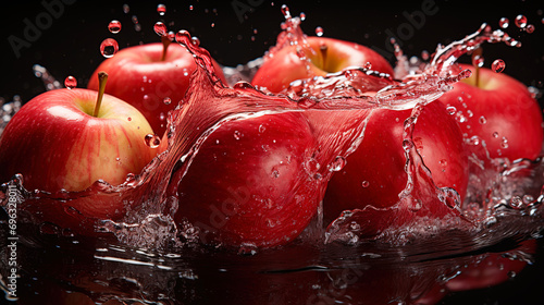 Fruit Artistry Apples in the splash of water on an isolated black background 