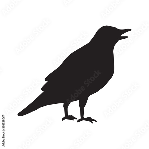 カラスの横向きシルエットモノクロイラスト　