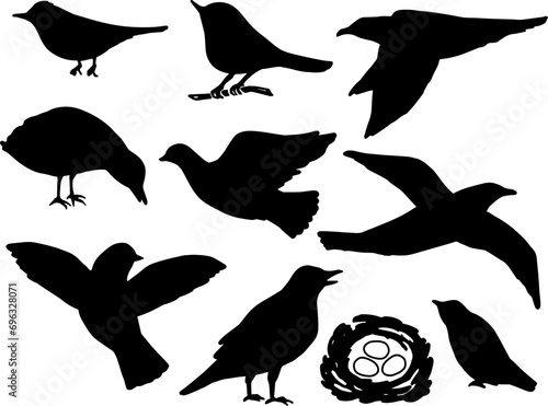 鳥のシルエットモノクロイラストセット