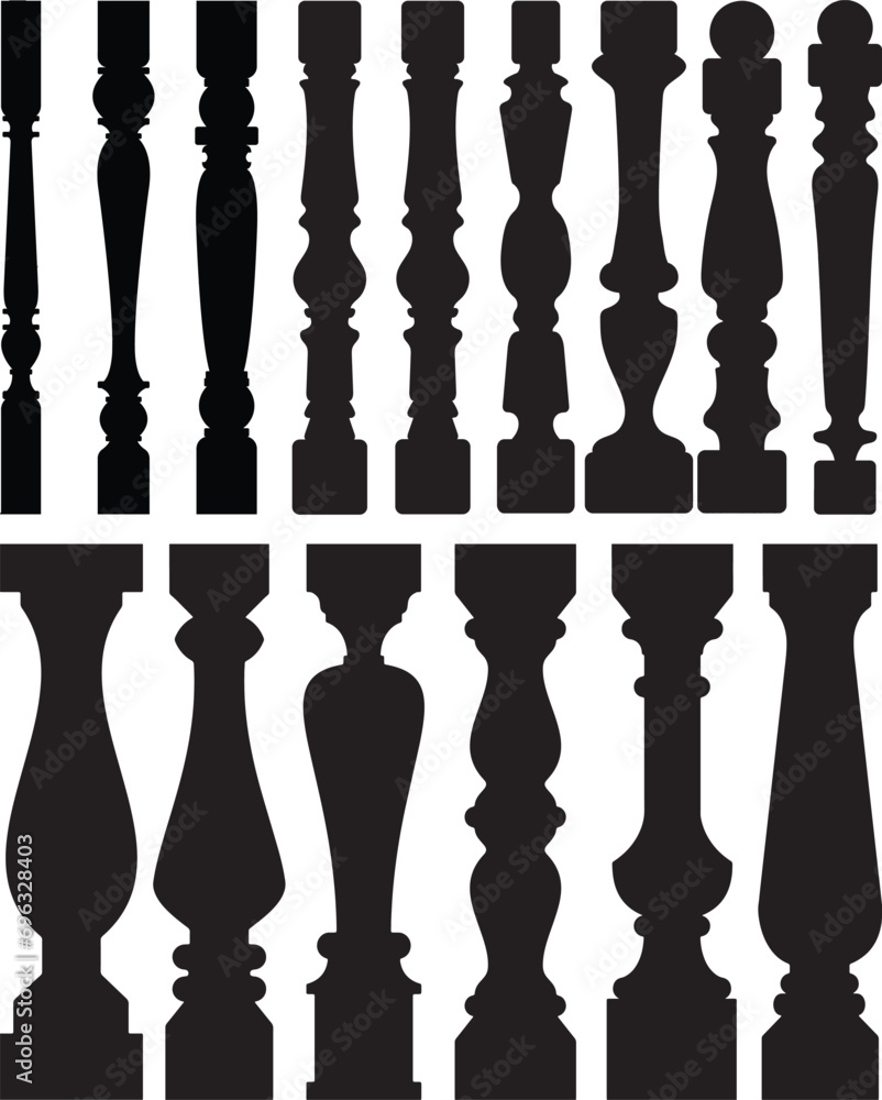 Baluster set collection silhouette balcony wooden balustrade decorative vector architecture elements - obrazy, fototapety, plakaty 