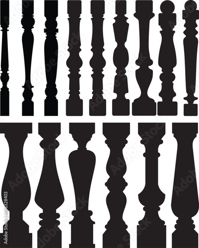 Baluster set collection silhouette balcony wooden balustrade decorative vector architecture elements