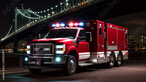 Ambulance car to the scene of an emergency in the night time. Medical emergency, first responder concept. 
 photo