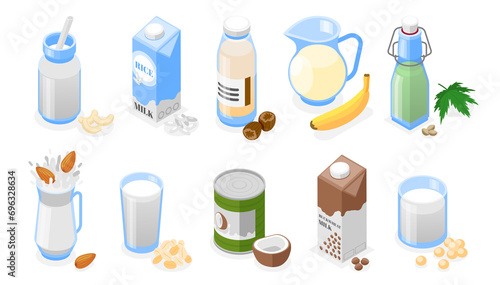 Isometric vegan milk packaging with different types of organic milk and their ingredients