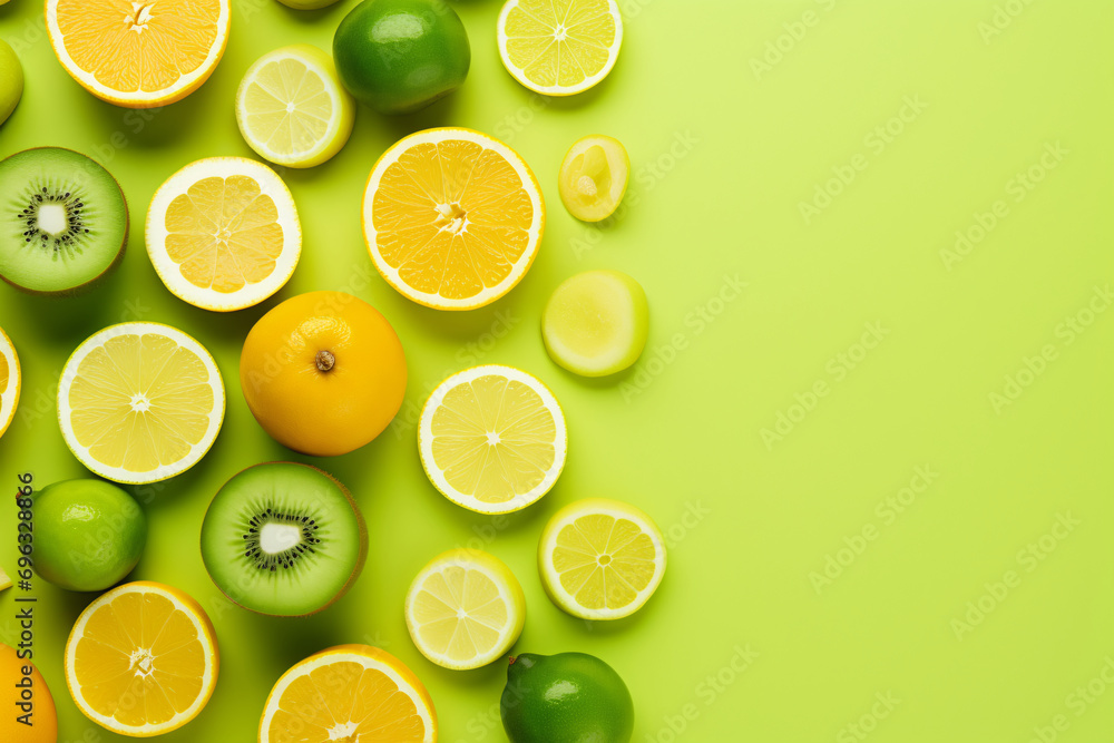 Citrus Fruits Background, concept of healthy eating, dieting, top down flat lay on Green Background Citrus Fruits Background, concept of healthy eating, dieting, top down flat lay on Green Background