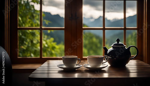 A wooden table by a window holds a teapot and cup amid leaves, set for tea time overlooking a lush green forest and mountains.