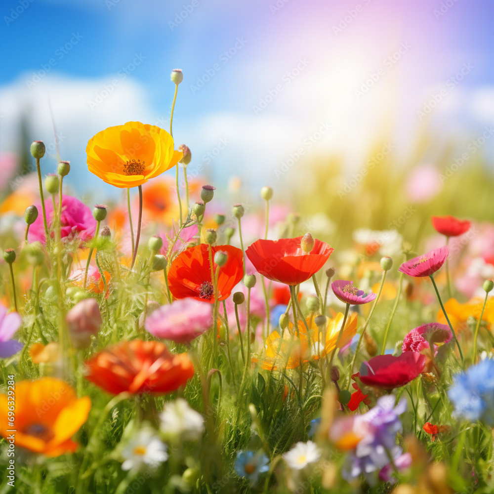 Naklejka premium Colorful flower meadow with sunbeams and blue sky, nature background, ai technology