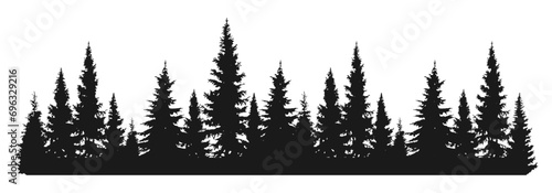 Forest fir tree silhouette. Coniferous landscape with pine or spruce trees. Wildlife horizontal panorama. Vector illustration.