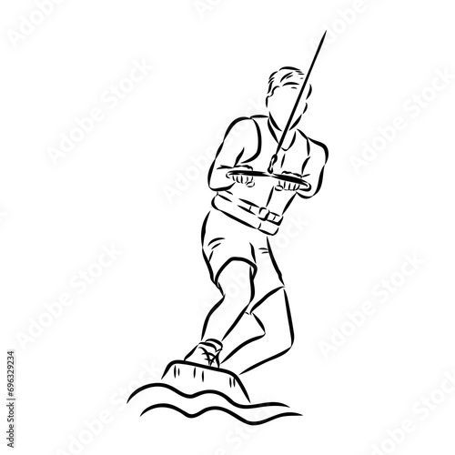 Single continuous line drawing of young sporty surfer man play wakeboarding in the sea.