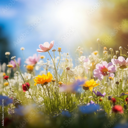 Colorful flower meadow with sunbeams and blue sky  nature background  ai technology