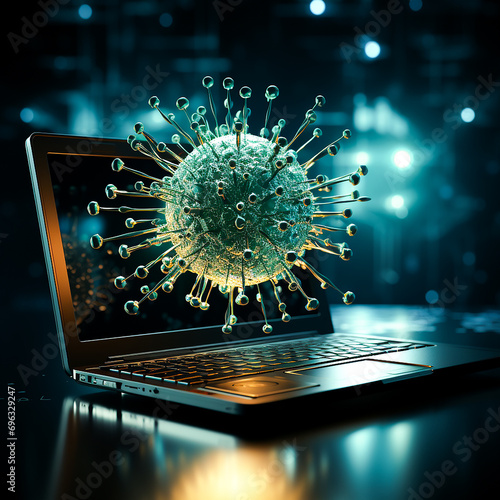 Computer virus symbol represented by a laptop with blue cyber attacking bacteria hacking into the server network