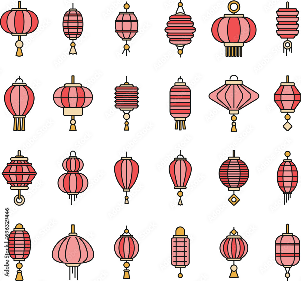 Street chinese lantern icons set. Outline set of street chinese lantern vector icons thin line color flat on white Street chinese lantern icons set. Outline set of street chinese lantern vector icons thin line color flat on white