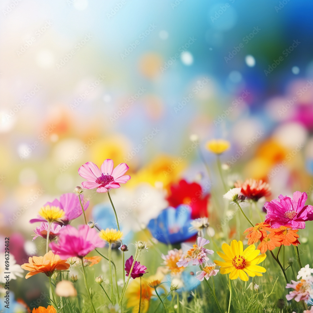 Colorful flower meadow with sunbeams and blue sky, nature background, ai technology Colorful flower meadow with sunbeams and blue sky, nature background, ai technology