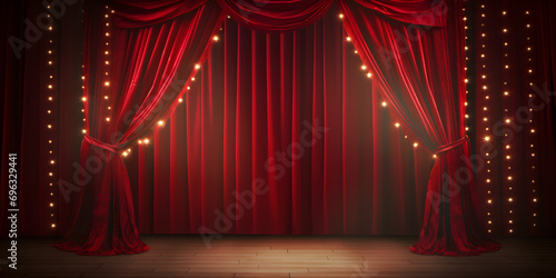Theatre Stage with Red and Gold Velvet Curtains,, Red stage curtain and wooden floor realistic image