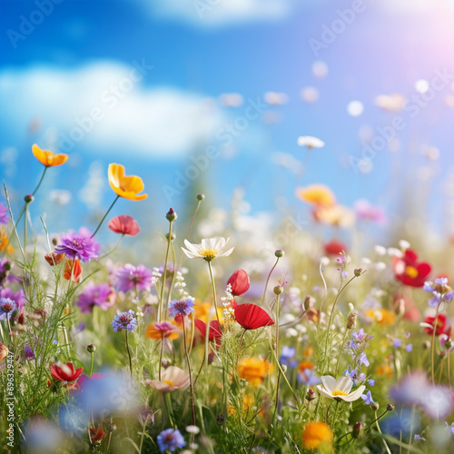 Colorful flower meadow with sunbeams and blue sky, nature background, ai technology