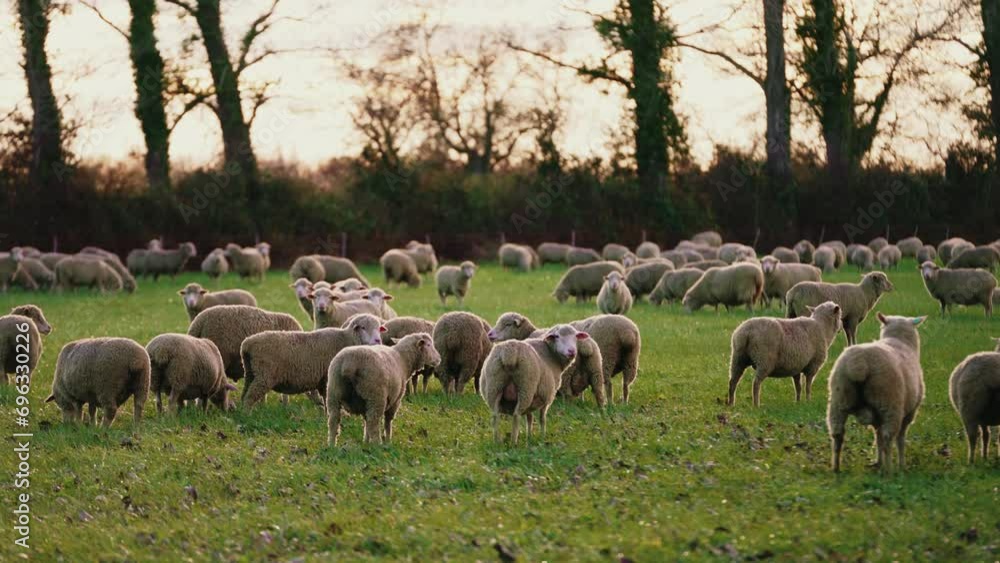 Sheep roaming in the sunset's glow Sheep roaming in the sunset's glow