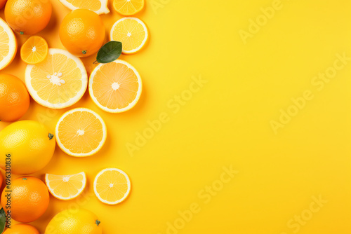 Citrus Fruits Background, concept of healthy eating, dieting, top down flat lay on Yellow Background