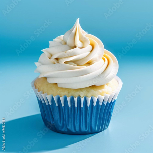 Imagen de un cupcake de crema sobre un fondo azul.