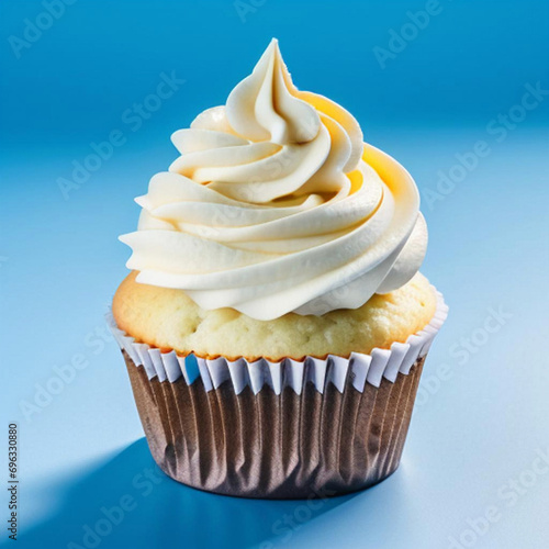 Cupcake con crema sobre un fondo azul.