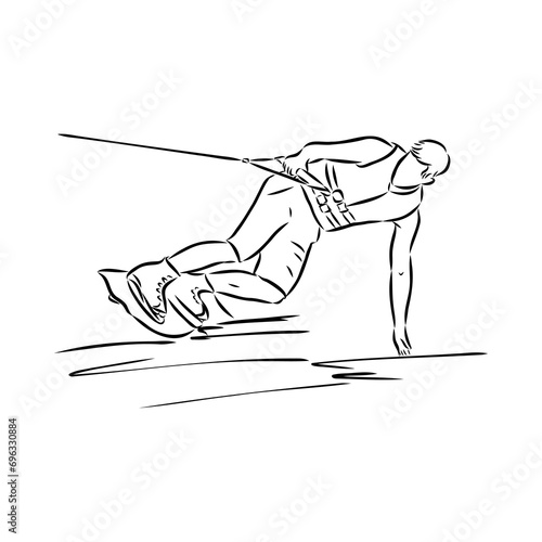 Single continuous line drawing of young sporty surfer man play wakeboarding in the sea.